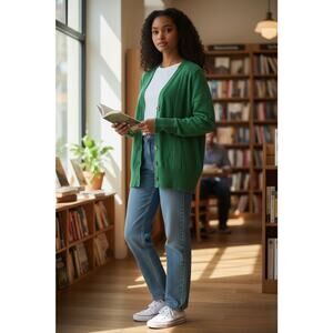 Womens St. John Sport Vintage Green 5 Button Cardigan Wool/Rayon Large EUC Green